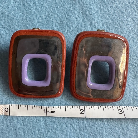 Unique One of a Kind Designer Clip on Earrings Terracotta Enamel signed: LEWIS - Picture 5 of 7